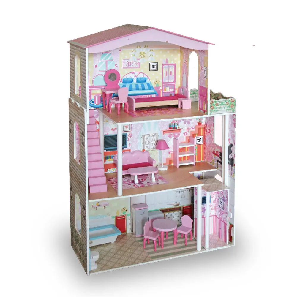 Large Wooden Dolls Doll House 3 Level Kids Pretend Play Toys Full Furniture 