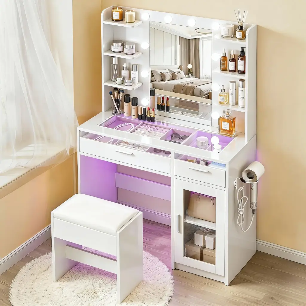 Artiss Dressing Table Vanity Desk Set 10 LED Bulbs RGB Light White 