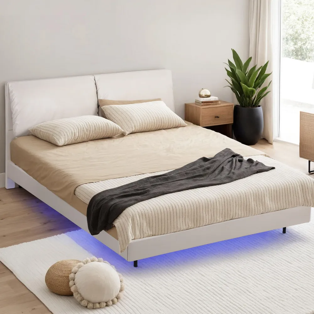 Artiss Double Bed Frame RGB LED Floating Beds Adjustable Headboard Beige White 
