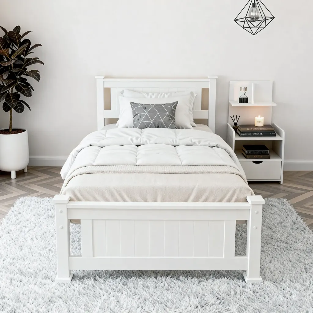 Artiss King Single Bed Frame and Bedside Table White 