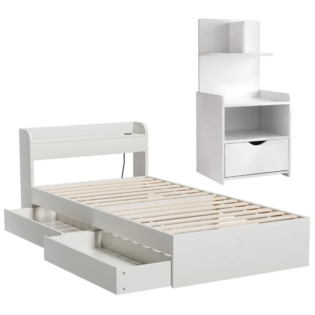 Artiss Single Bed Frame with Charging Ports and Bedside Table 