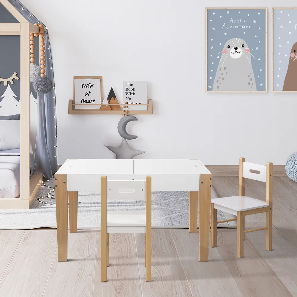 Keezi 3PCS Kids Table and Chairs Set Storage Toys Play Activity Desk Chalkboard 