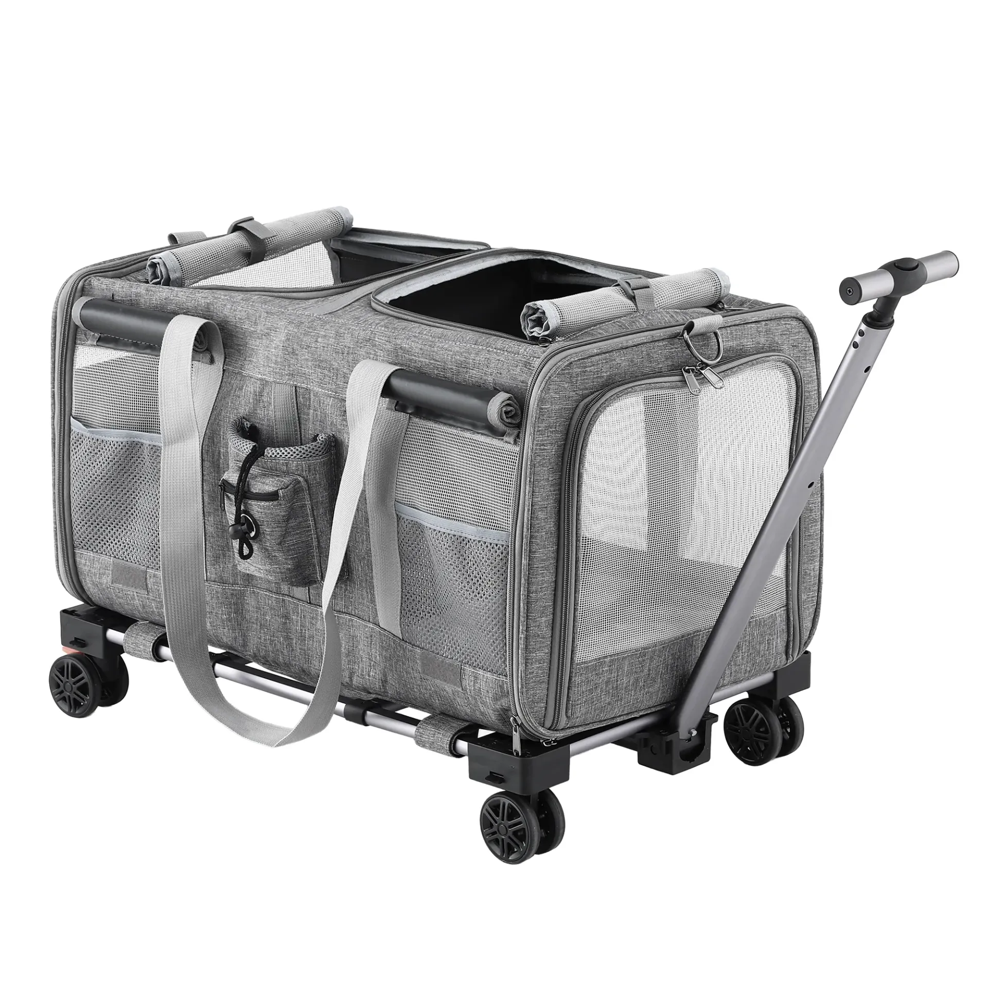i.Pet Pet Carrier Swivel Wheels Foldable Cat Dog Trolley Stroller Travel Bag Grey 