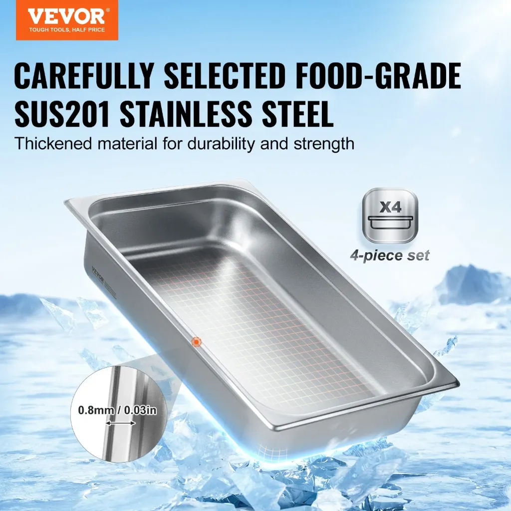 VEVOR 4 Pack Hotel Pans - 0.8mm Thick Stainless Steel Steam Table Pan, 4-Inch Deep Commercial Table Pan