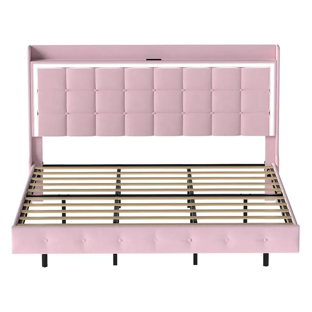 Levede King Floating Bed Frame LED Headboard USB Pink 