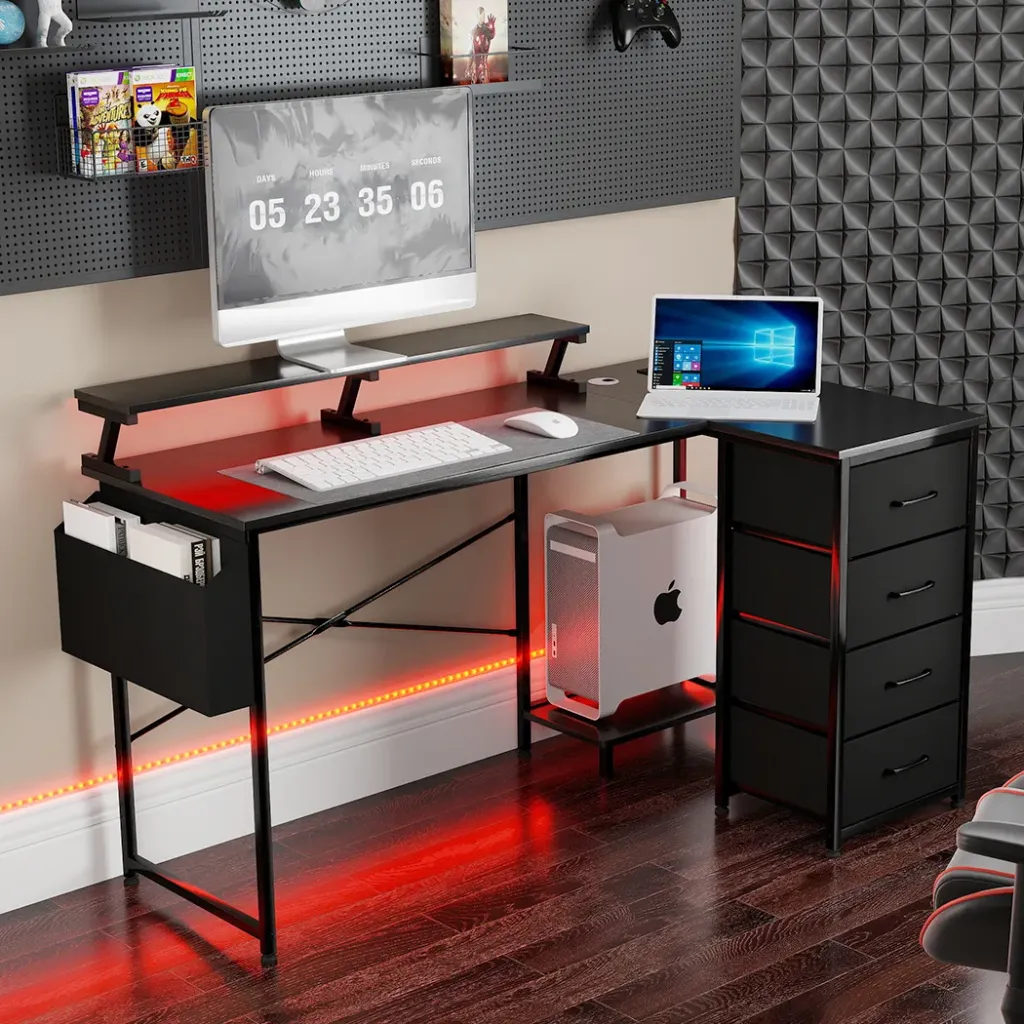 Levede L Shaped Gaming Desk with Storage Drawers Black