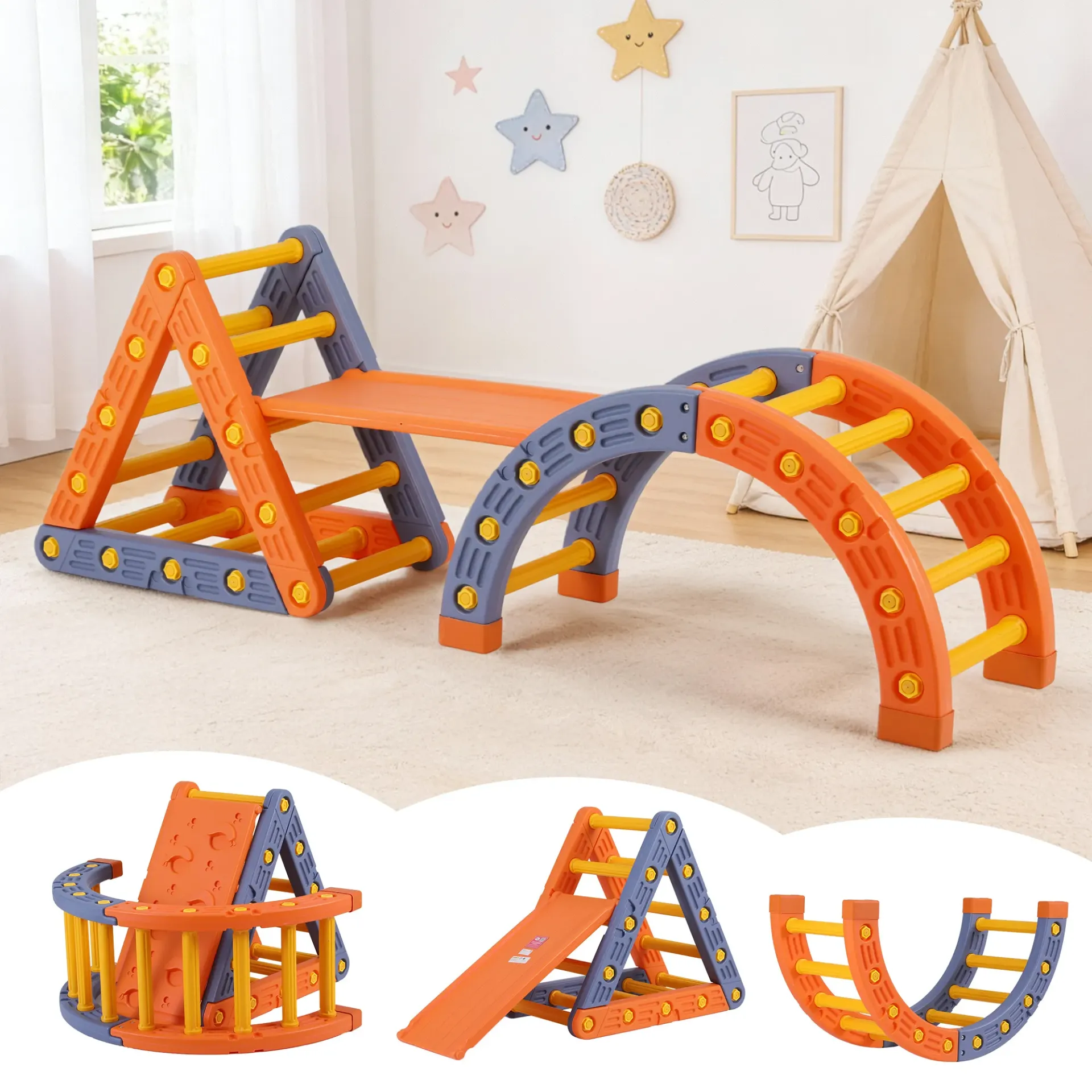 Keezi Kids Climbing Frame Set With Slide Indoor Outdoor Toddler Toys Pikler Triangle Climber With Arch