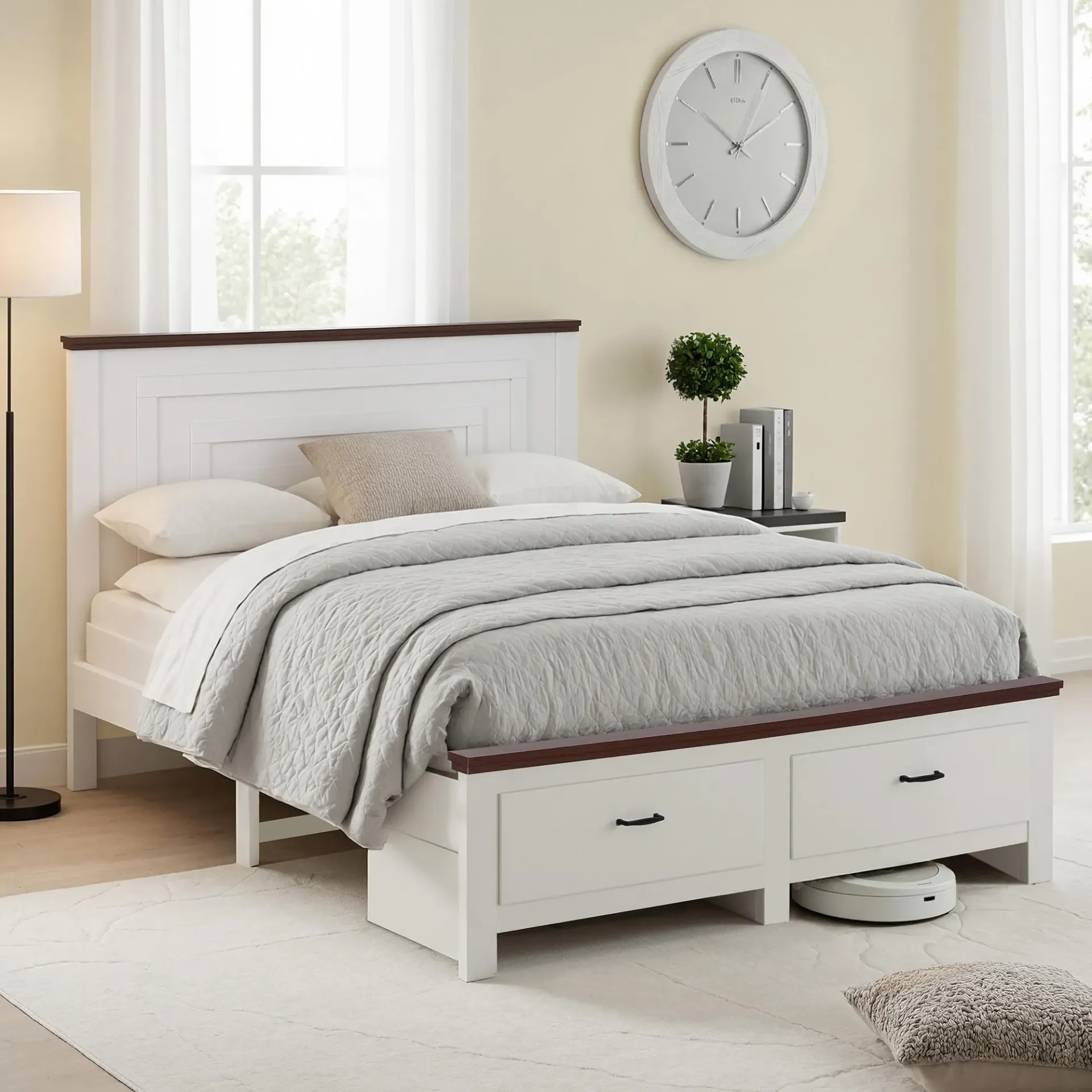 Artiss Double Wooden Bed Frame with 2 Drawer Platform Bed with 108cm Solid High Headboard White Bed Base for Bedroom