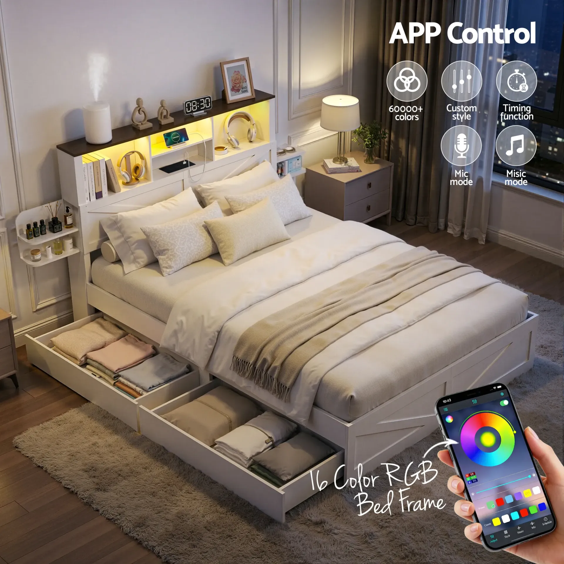 Artiss Double Bed Frame with Storage Drawers White Platform Bedframe with Bookcase Headboard Charging Station Led Light