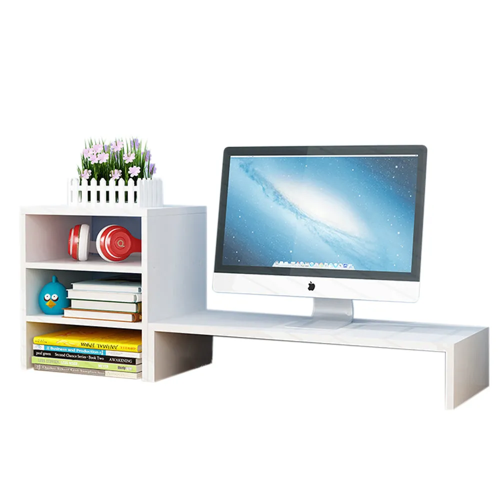 Wooden Desk Monitor Riser Stand With 3Tier Storage Desktop Bookshelf(White Wood)