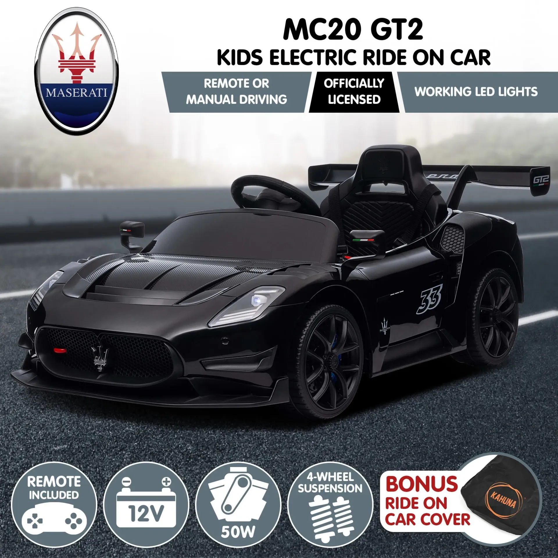 Kahuna Maserati MC20 GT2 Licensed Electric Kids Ride On Race Car Black