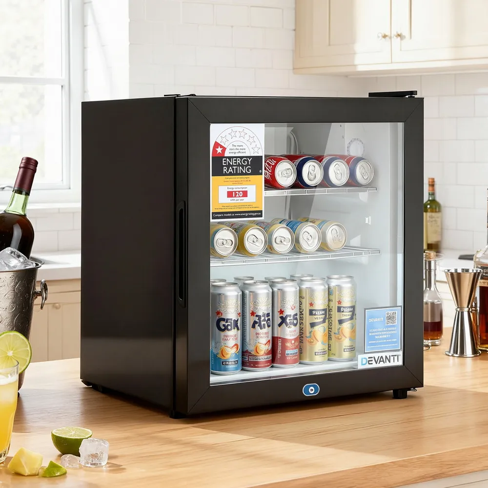 Devanti 40L Bar Fridge Glass Door Mini Fridge Countertop Cooler Black