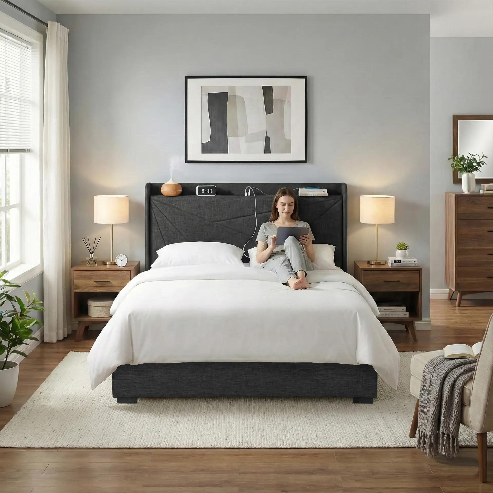 Artiss Queen Bed Frame Gas Lift Storage Bed with Charging Ports Upholstered Geometric Headboard Charcoal Grey