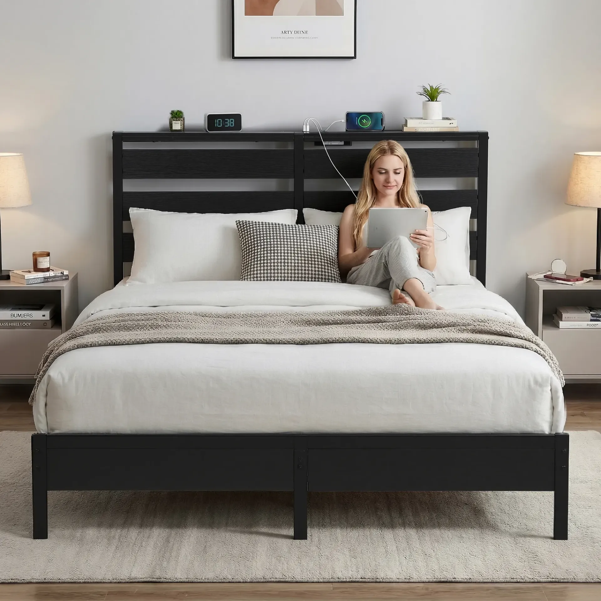 Artiss Bed Frame Queen Size LED Metal Bed Base with Charging Station