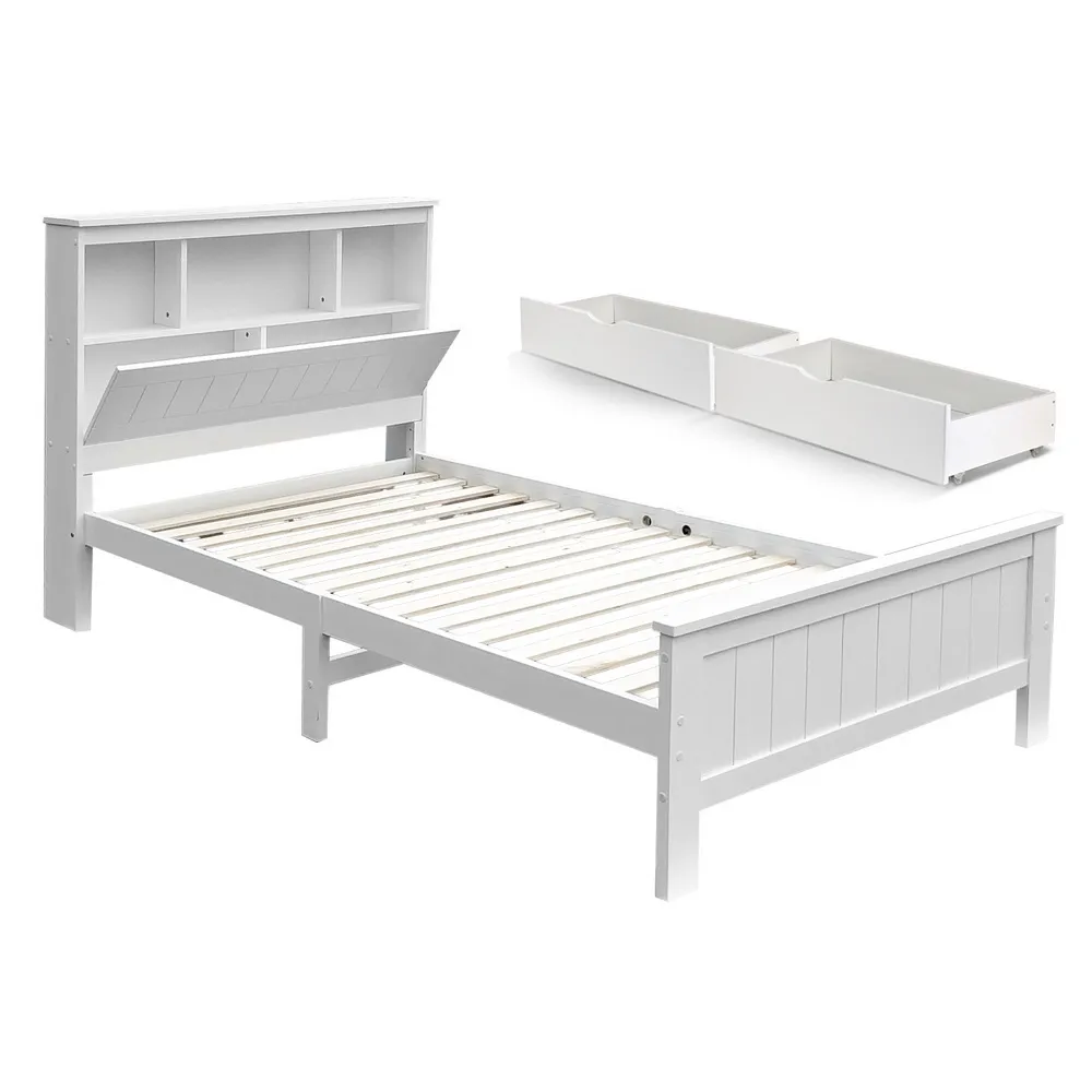 Artiss Bed Frame King Single Size Wooden with 2 Storage Drawers White
