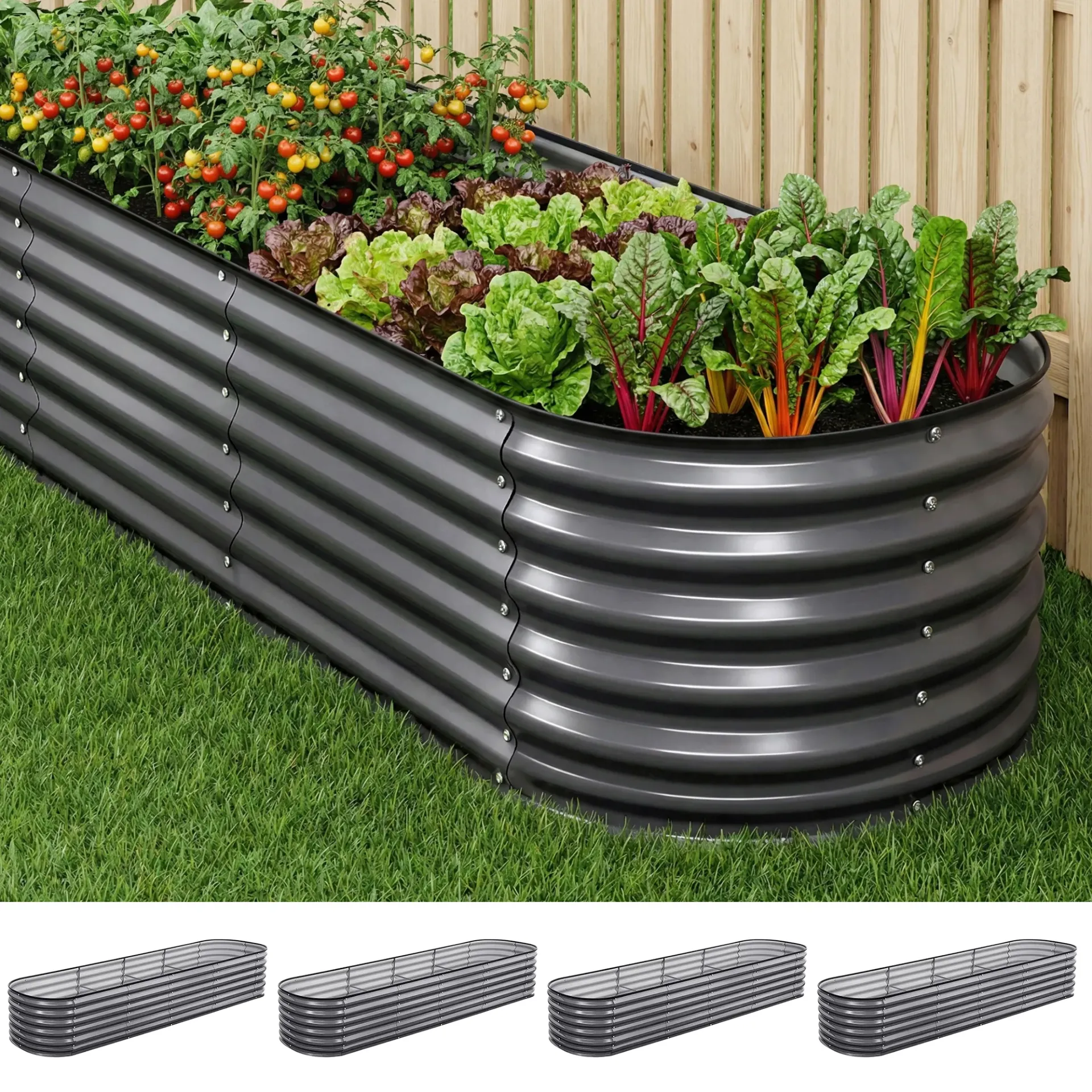 Green Fingers 4 Pcs Raised Garden Bed Kit Oval Galvanized Steel Planter Boxes 320x80x56cm