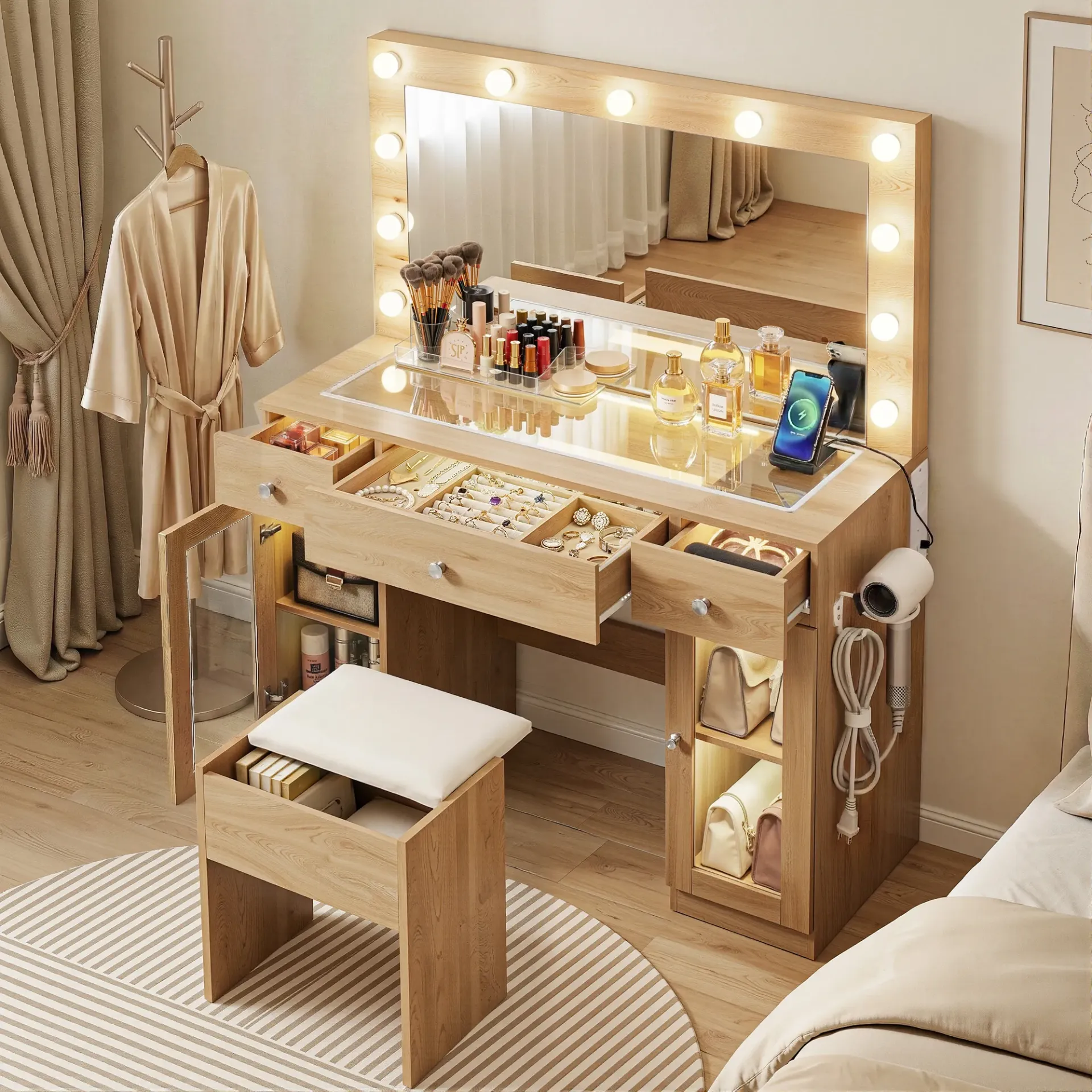 Artiss Dressing Table Vanity Desk Set LED Bulbs RGB Light (Wood/White)