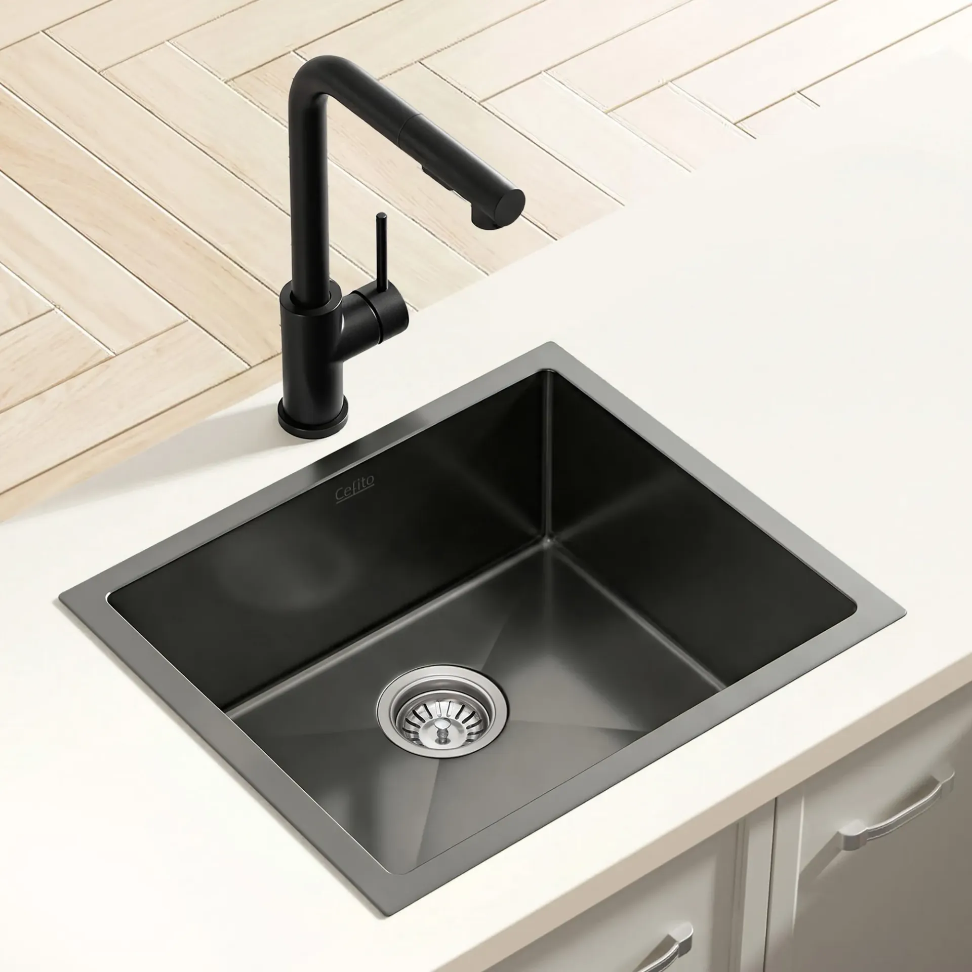 Cefito Stainless Steel Sink 44x44CM With Pull Out Mixer Tap Kitchen Basin Single Bowl Black