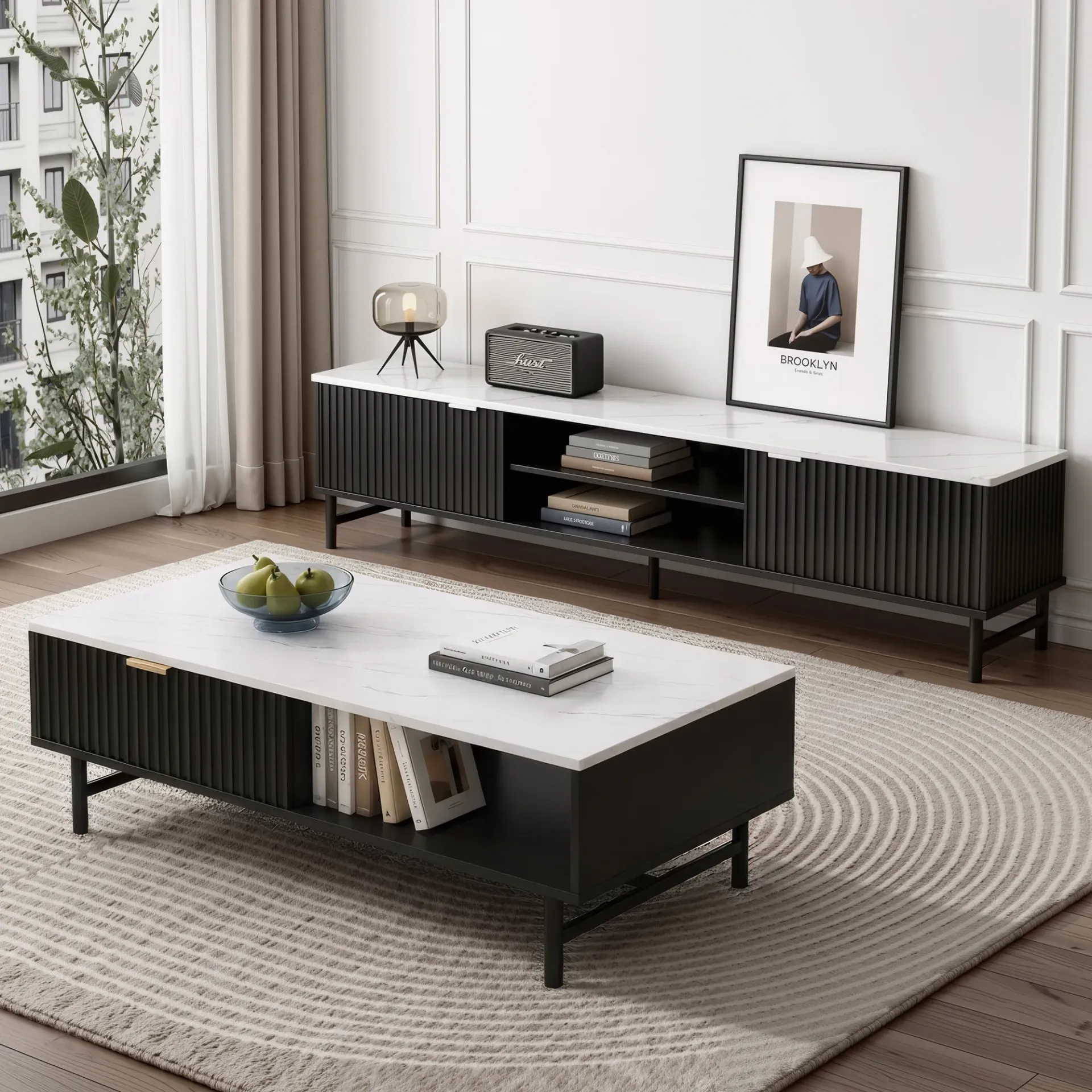 Artiss TV Unit & Coffee Table Set Storage Shelf Black