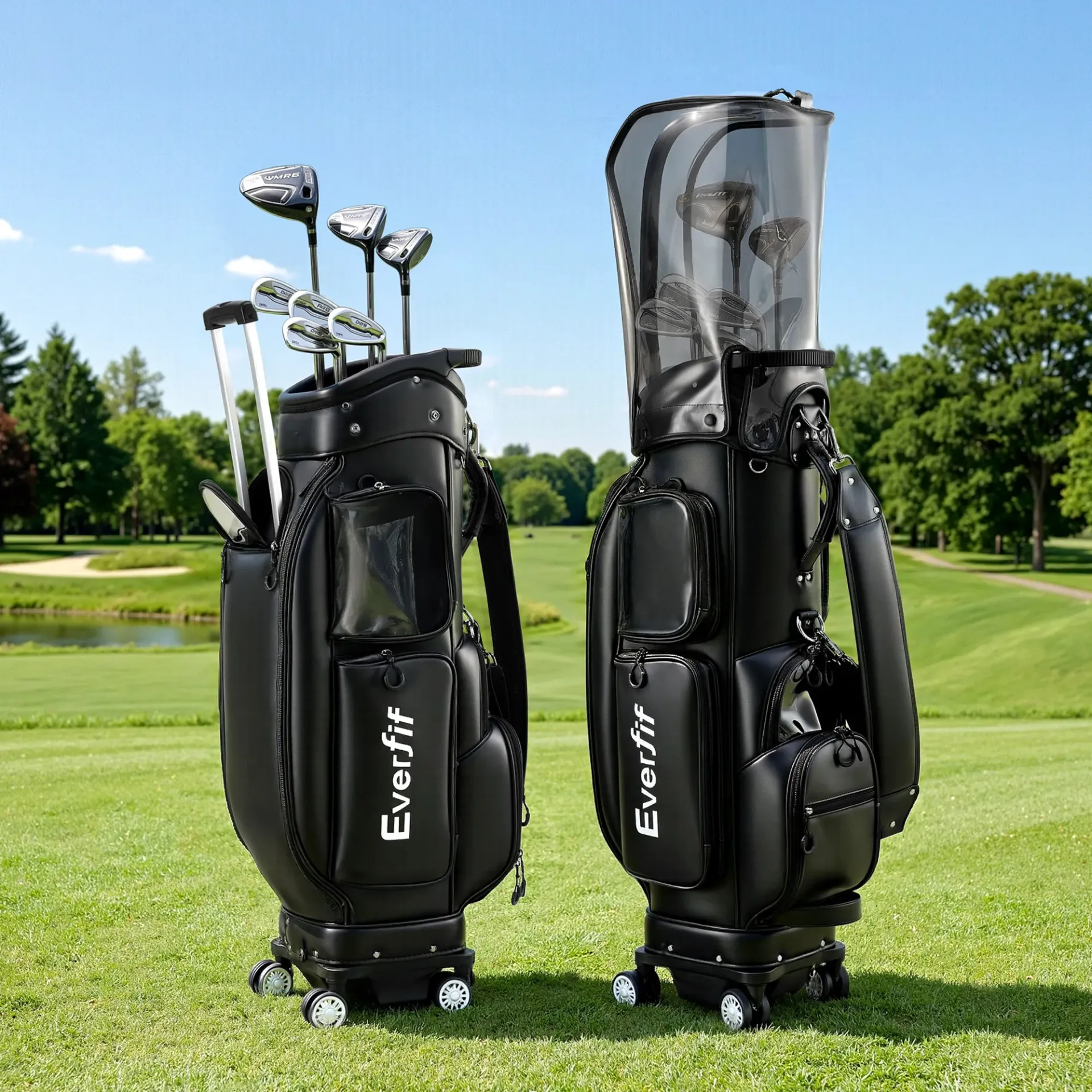 Everfit Golf Cart Bag Rolling Buggy Club Organiser Synthetic Leather (Yellow/Black/White)