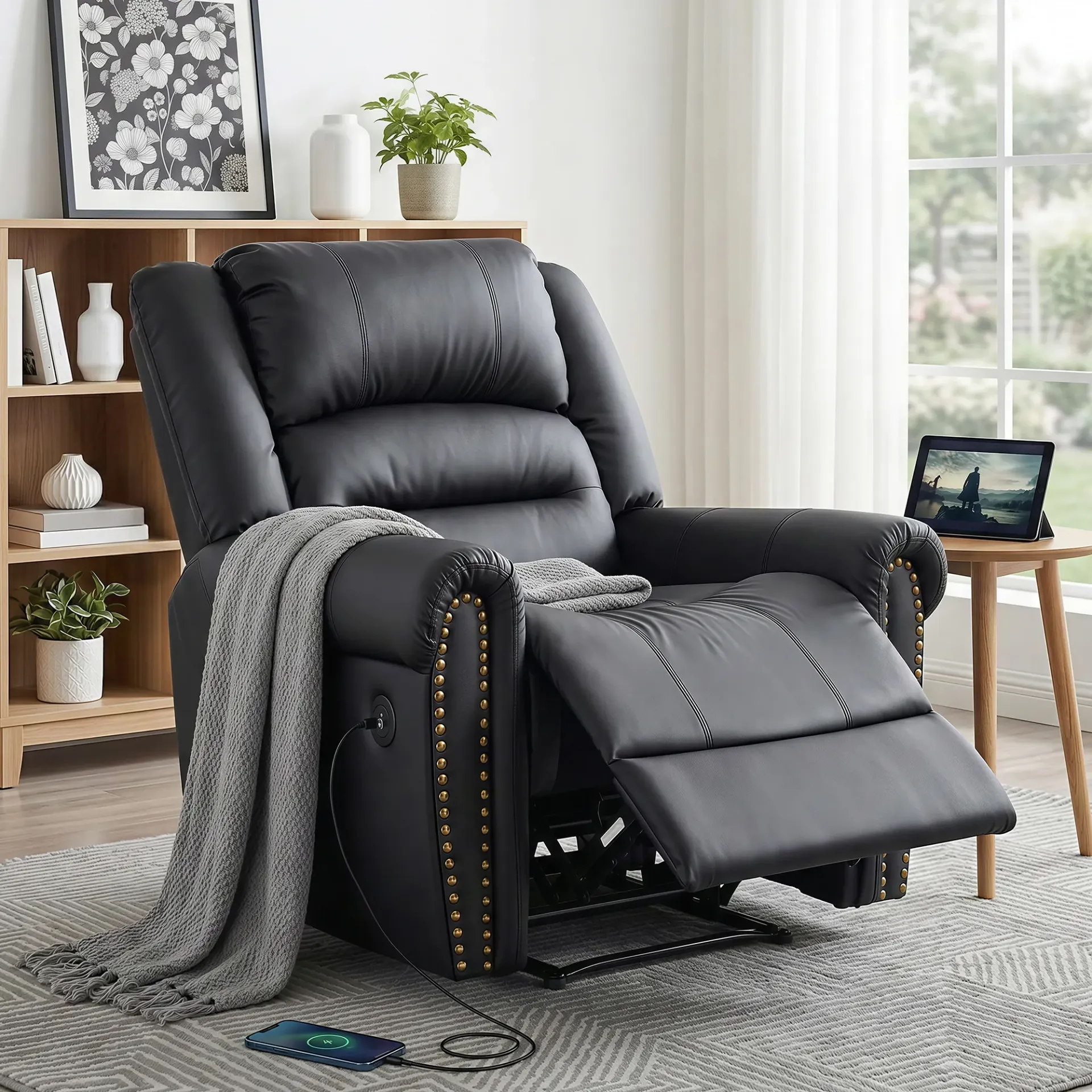 Artiss Leather Manual Recliner Chair with USB Charge Port, Overstuffed Armchair Sofa