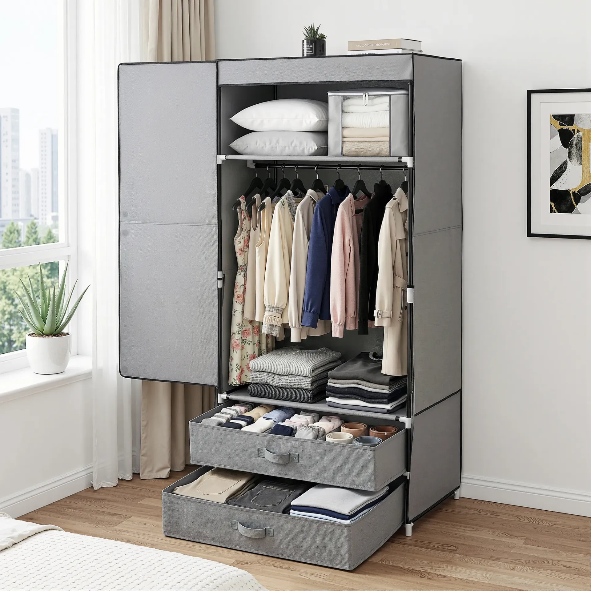 Artiss Large Portable Clothes Closet Wardrobe with Magnetic Door Grey