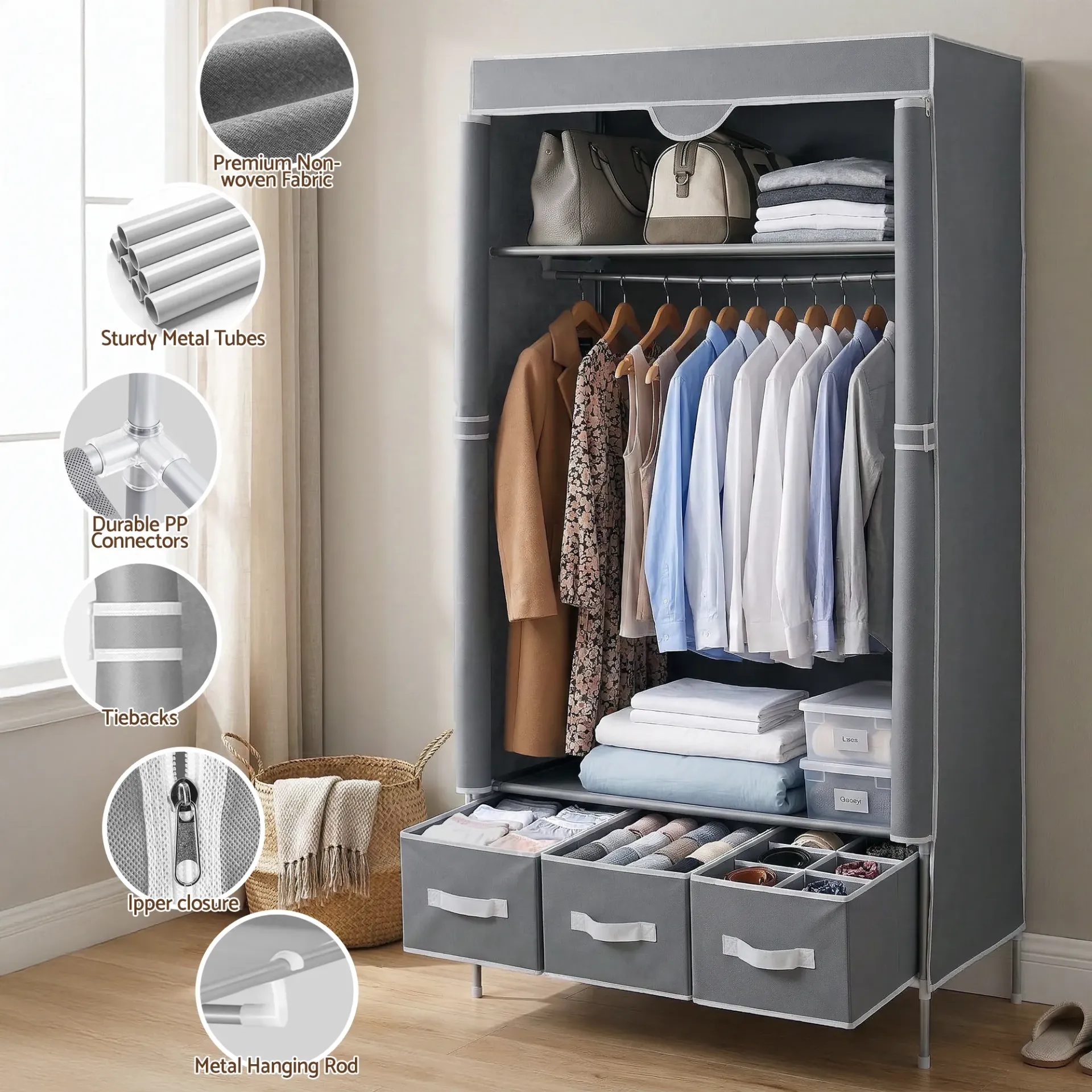 Artiss Large Portable Clothes Closet Wardrobe with Tiebacks Grey