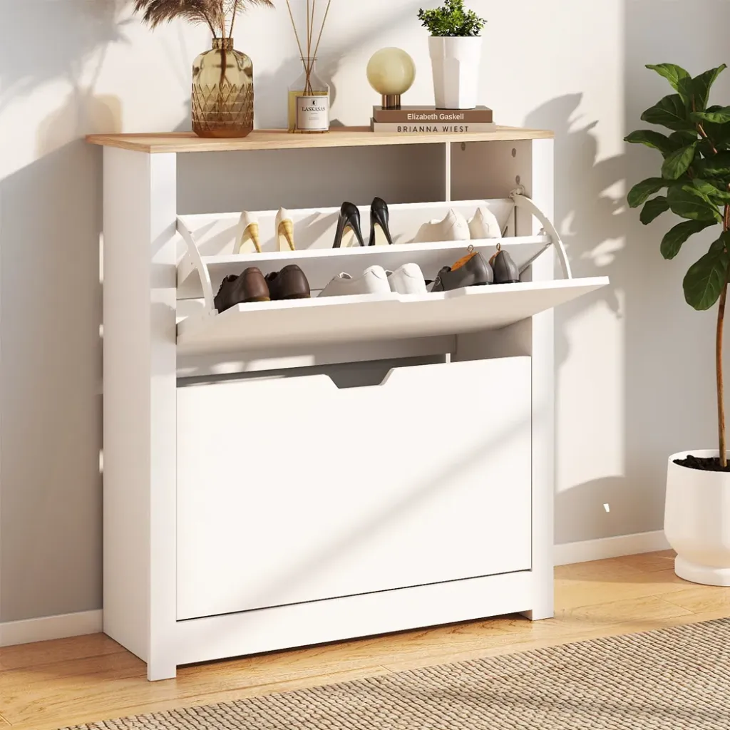 Levede Narrow Shoe Cabinet Organiser Storage Rack Flip-up Drawer 12 Pairs White