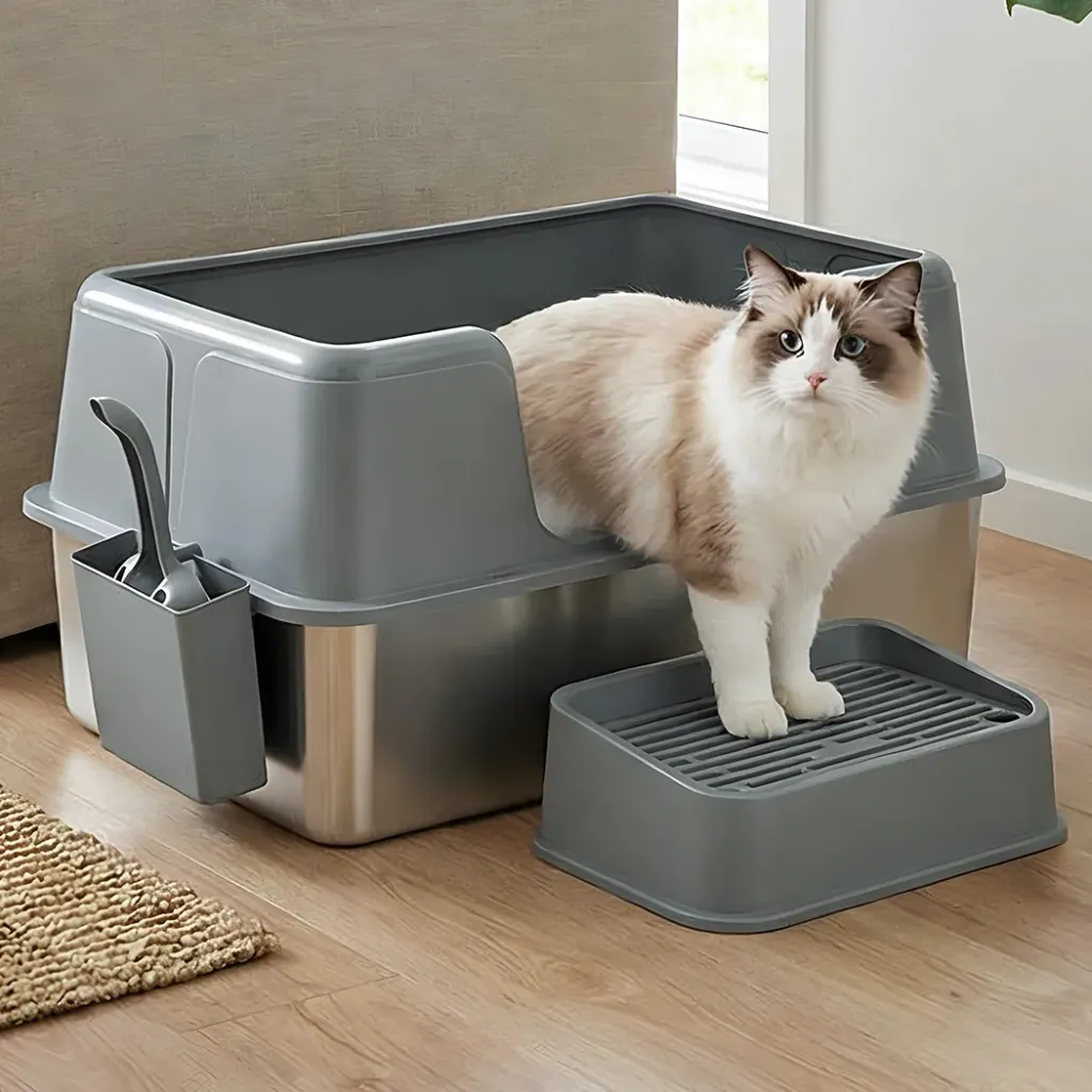 Pawz Stainless Steel Cat Litter Box Large Semi-Enclosed Easy Cleaning Pet Toilet