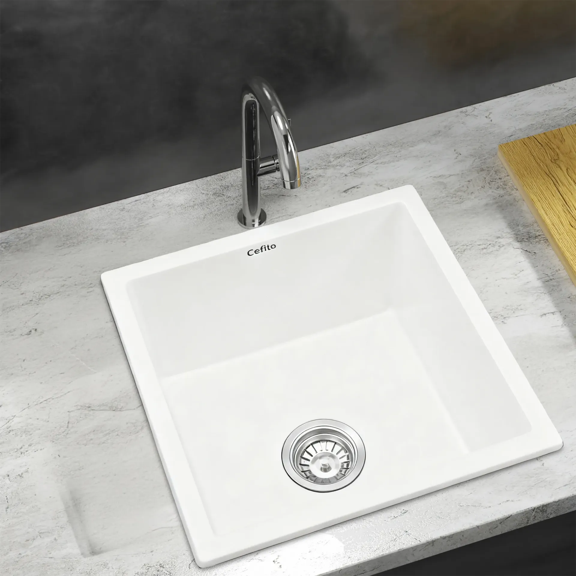 Cefito Kitchen Sink 45x45cm Granite Stone Sink Single Bowl White