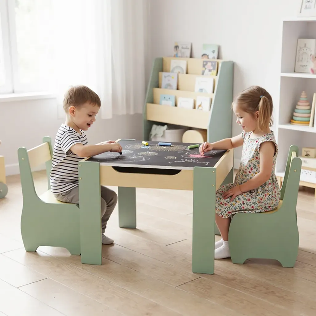 Levede Kids Table and Chairs Set 3-in-1 Chalkboard Storage Learning Dining Desk