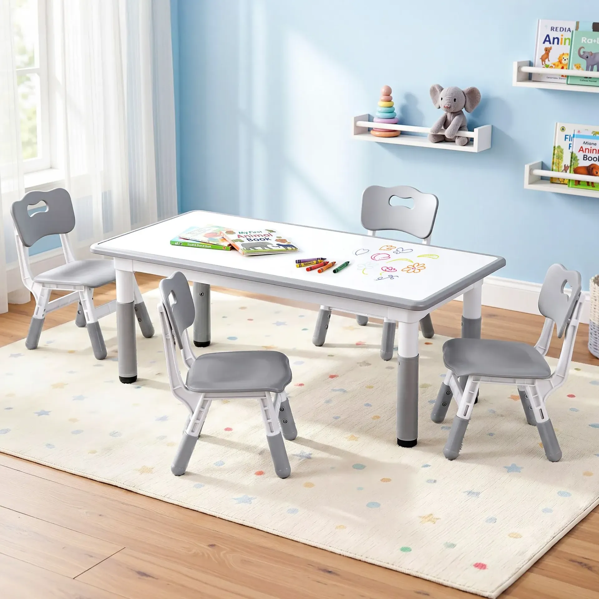 Keezi Kids Table and 4 Chairs Set Height Adjustable Toddler Desk and Chair Set
