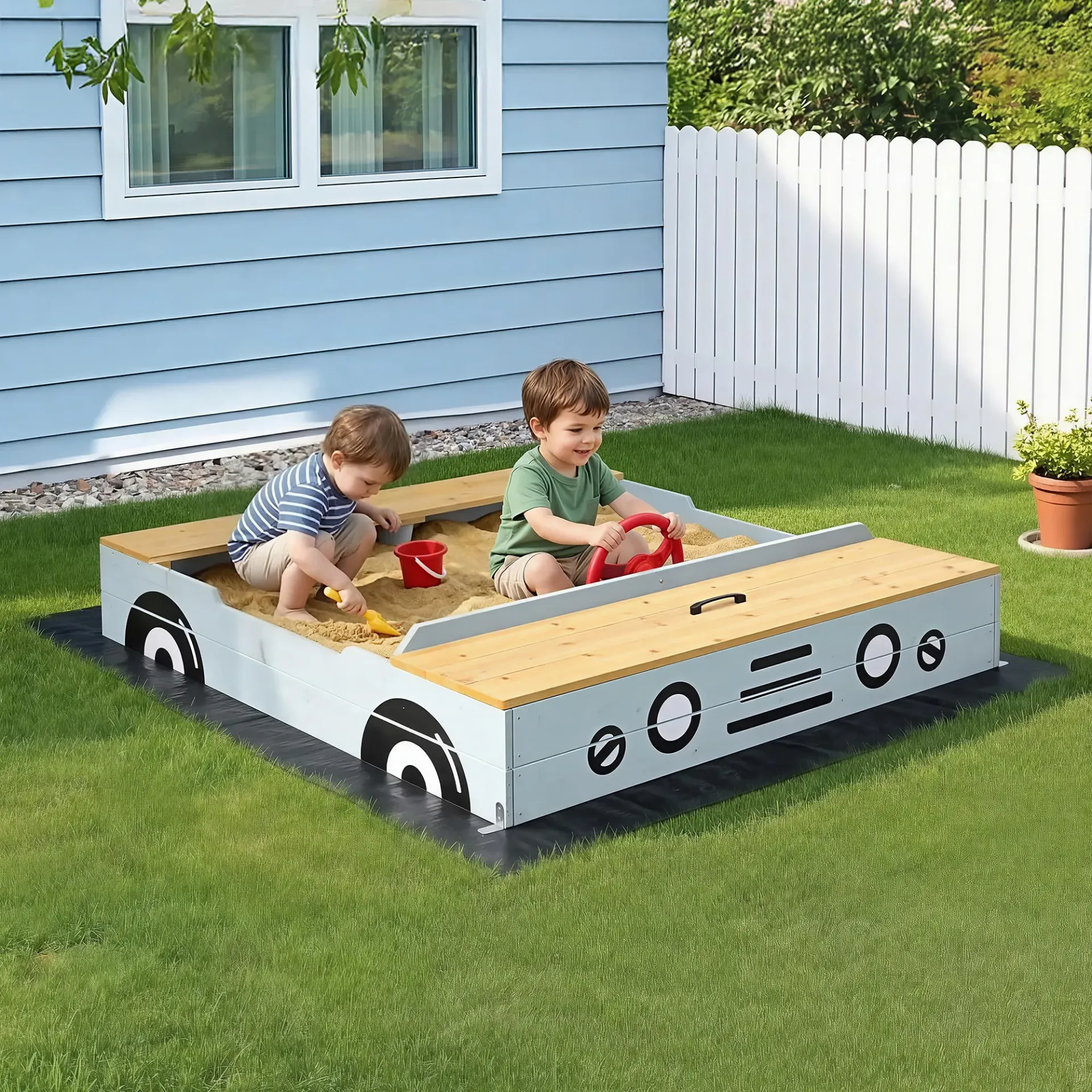Keezi Wooden Car Sandpit Kids Sandbox Outdoor Play Toy w/ Storage Ground Sheet 120cm