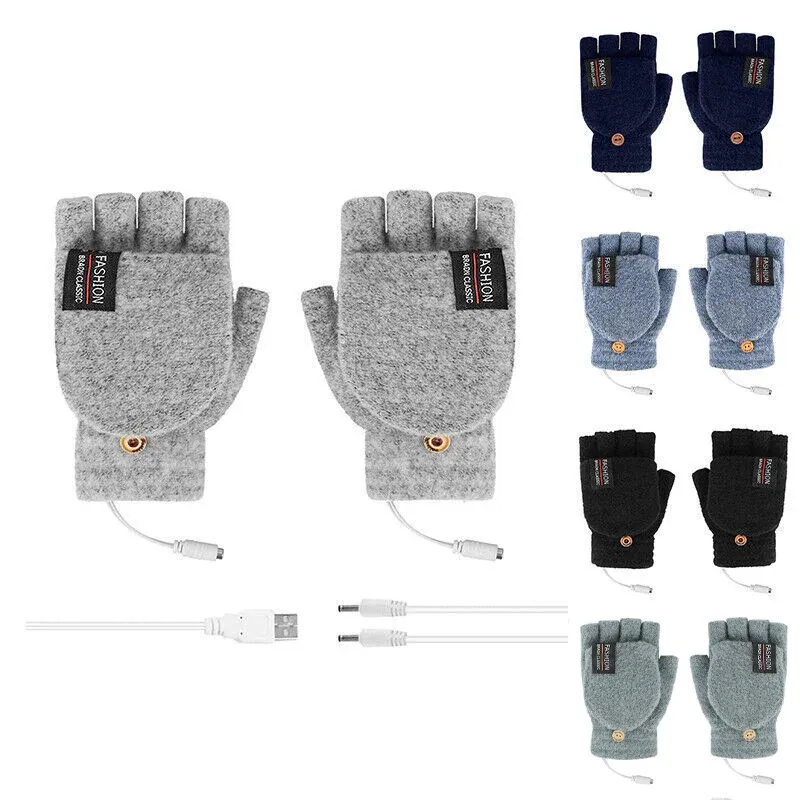 USB Heated Half Finger Gloves Winter Warm Knitted Gloves for Typing and Office Use - Grey (Green)