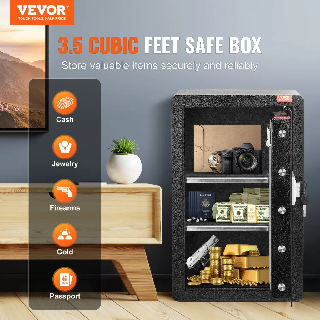 Single Door 3.5 cu.ft Safe Box with Key Lock & Password, Safe Lock Box with Fireproof Bag