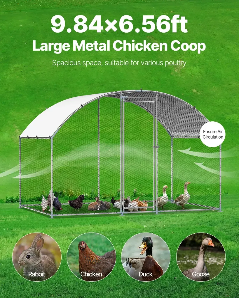 Metal Chicken Coop, 9.8x6.5x6.5ft Large Walk-in Chicken Runs with Cover