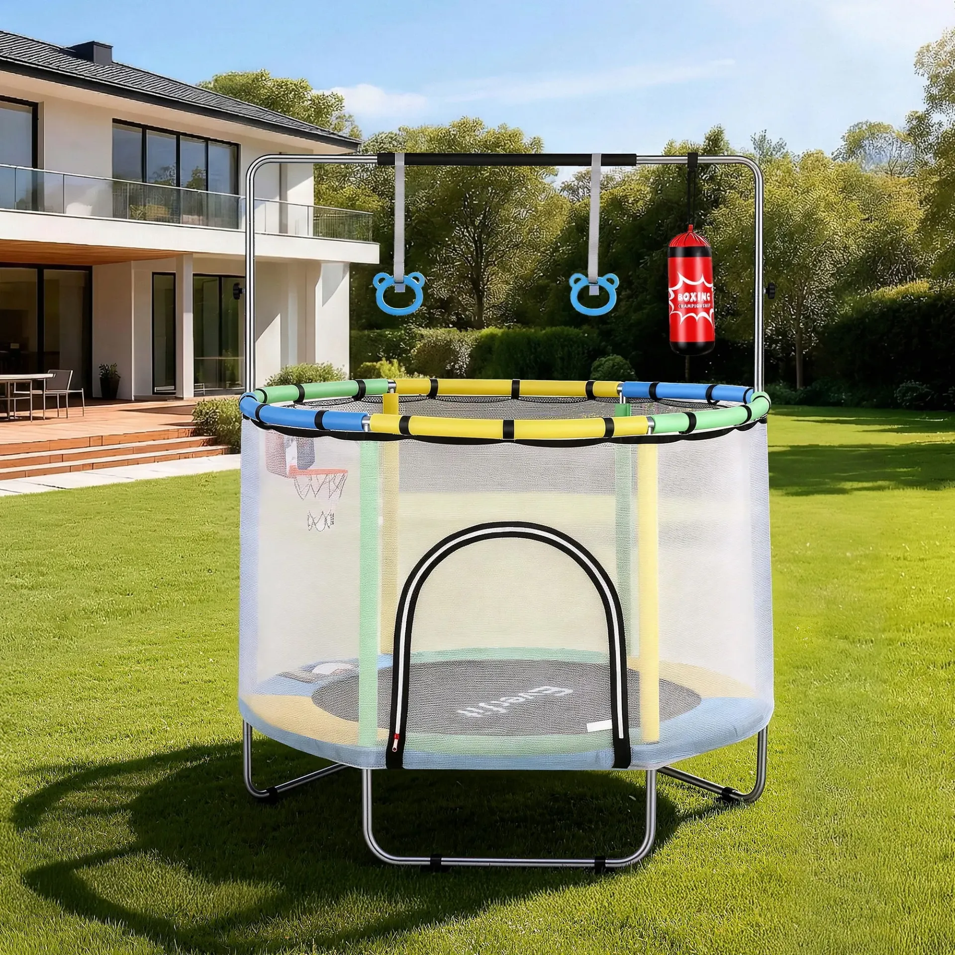 Everfit 55inch Trampoline Kids Rebounder with Basketball Set Sandbag Boxing Game