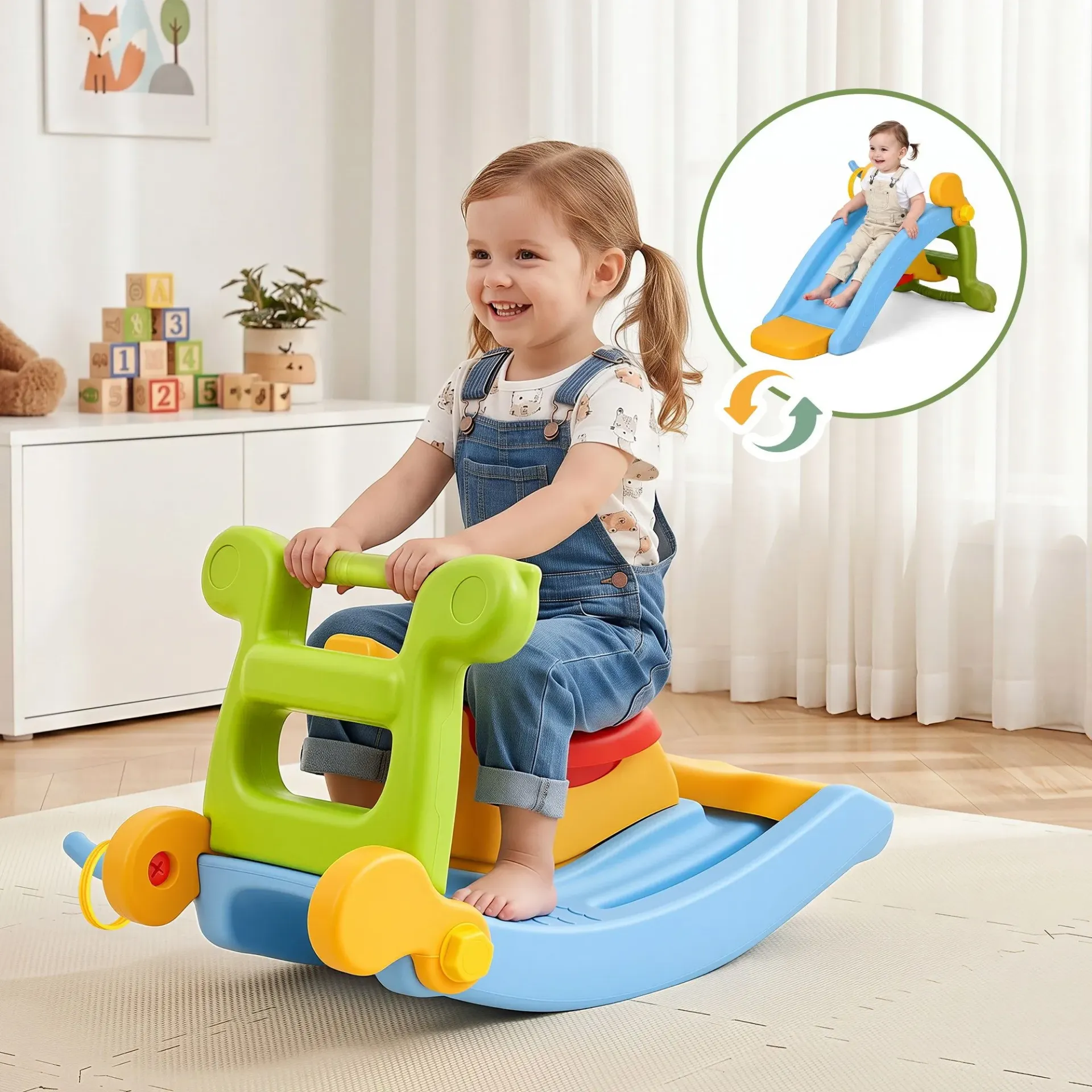 Keezi Kids Slide Set Toddler Indoor Playset Rocking Horse Ring Toss Multi Colour