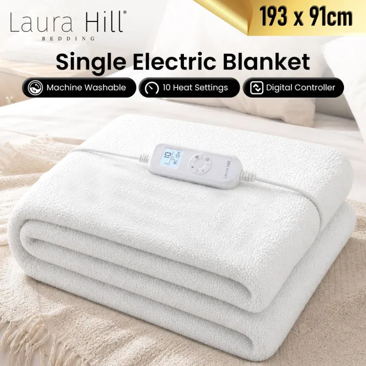 Heated Electric Blanket Single Size Fitted Fleece Underlay Winter Throw - White