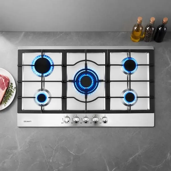 Devanti 90cm Gas Cooktop 5 Burner LPG NG Stainless Steel Hob Silver/Black (Black)