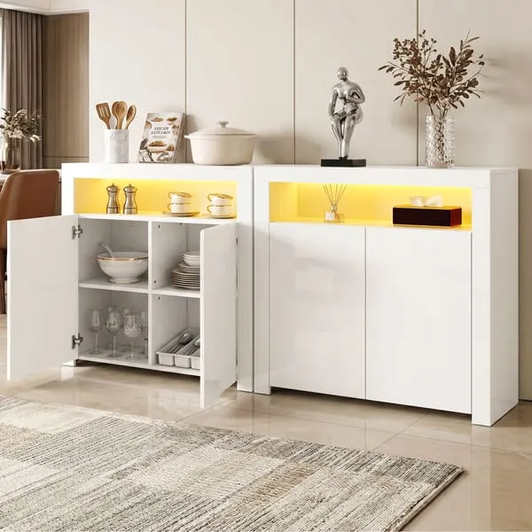 Artiss 2x Buffet Sideboard Cabinet LED Cupboard High-Gloss Storage Pantry ARNO