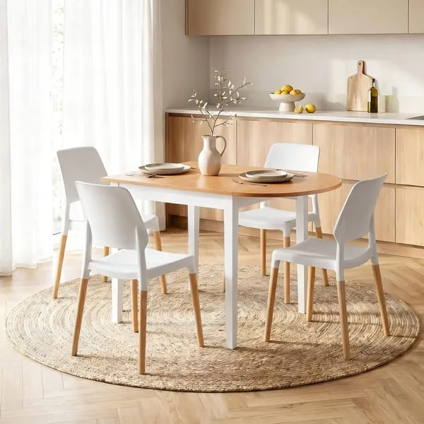 Artiss Dining Table and Chairs Set 5PCS, 75-110cm Drop-Leaf Table, with 4 Dining Chairs White Wooden
