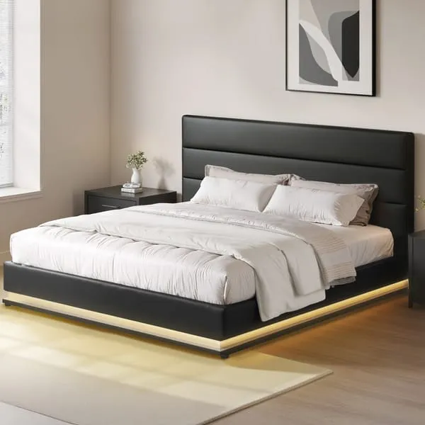 Artiss Bed Frame King Size LED Gas Lift Black LUMI