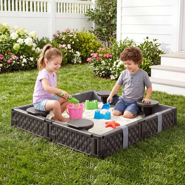 Keezi Kids Sandpit Sandbox With Cover 4 Seats Outdoor Sand Box Brown