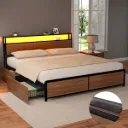 Artiss Metal Bed Frame King Size with 2-Tier Storage Headboard Metal Platform with 4 Storage Drawers Built in Charging Station & LED