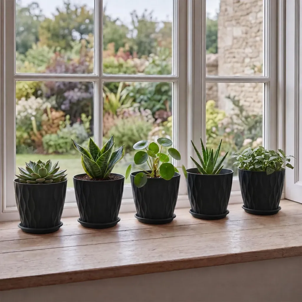 Toque Plant Pots 5 Pcs 8 Inchs Plastic Planter Pots with Drainage Saucers Black
