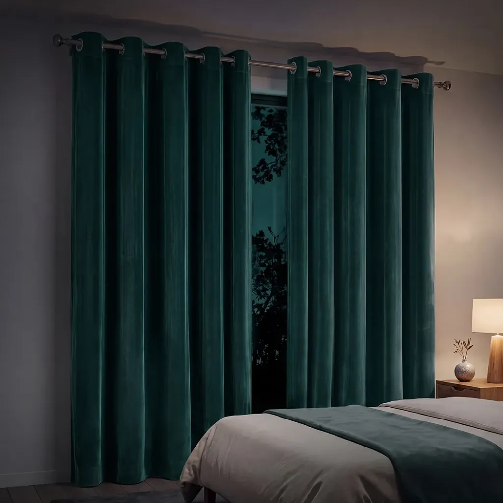 Marlow Blackout Curtains 2X Velvet Room Darkening Eyelet Curtains Decor Green