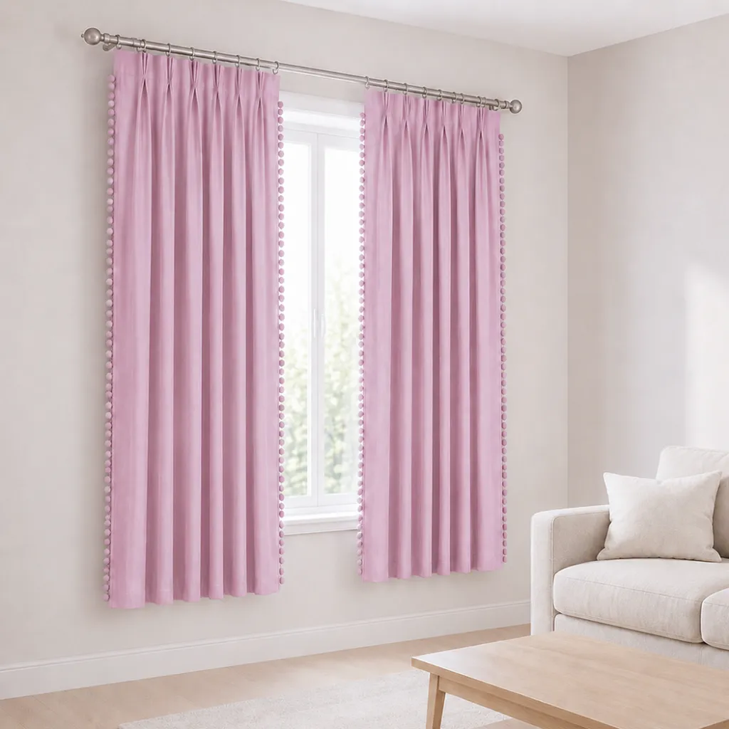 Marlow Blackout Curtains Pink 2 Panels Thermal Insulated Pom Pom 132cm x 213cm