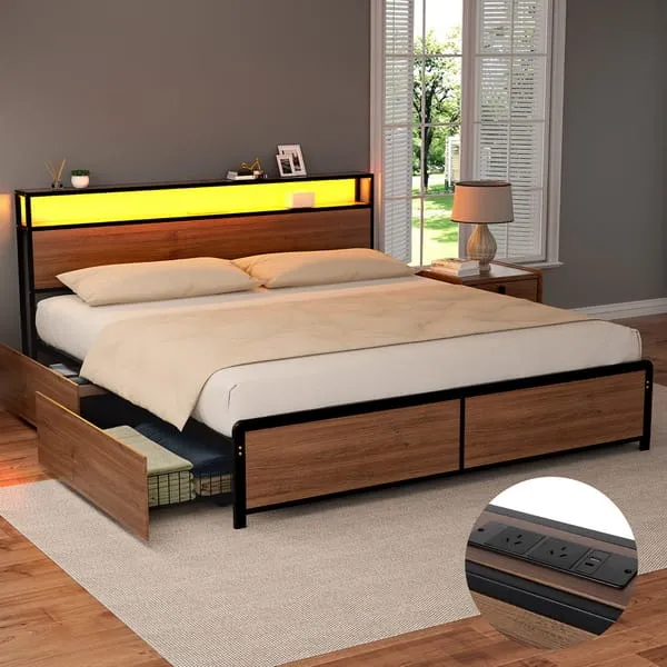 Artiss Metal Bed Frame King Size with 2-Tier Storage Headboard Metal Platform with 4 Storage Drawers Built in Charging Station & LED Noise-Free (Brown)