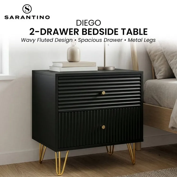 Sarantino Diego Bedside Table Night Stand with 2 Drawers - Black